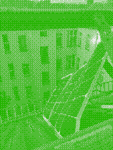 The perspective of the first picture changed slightly, turning to the right, where you see a dented and wonky looking solar panel hanging from it. The camera is facing downwards and you can see a building wall with windows in the background.